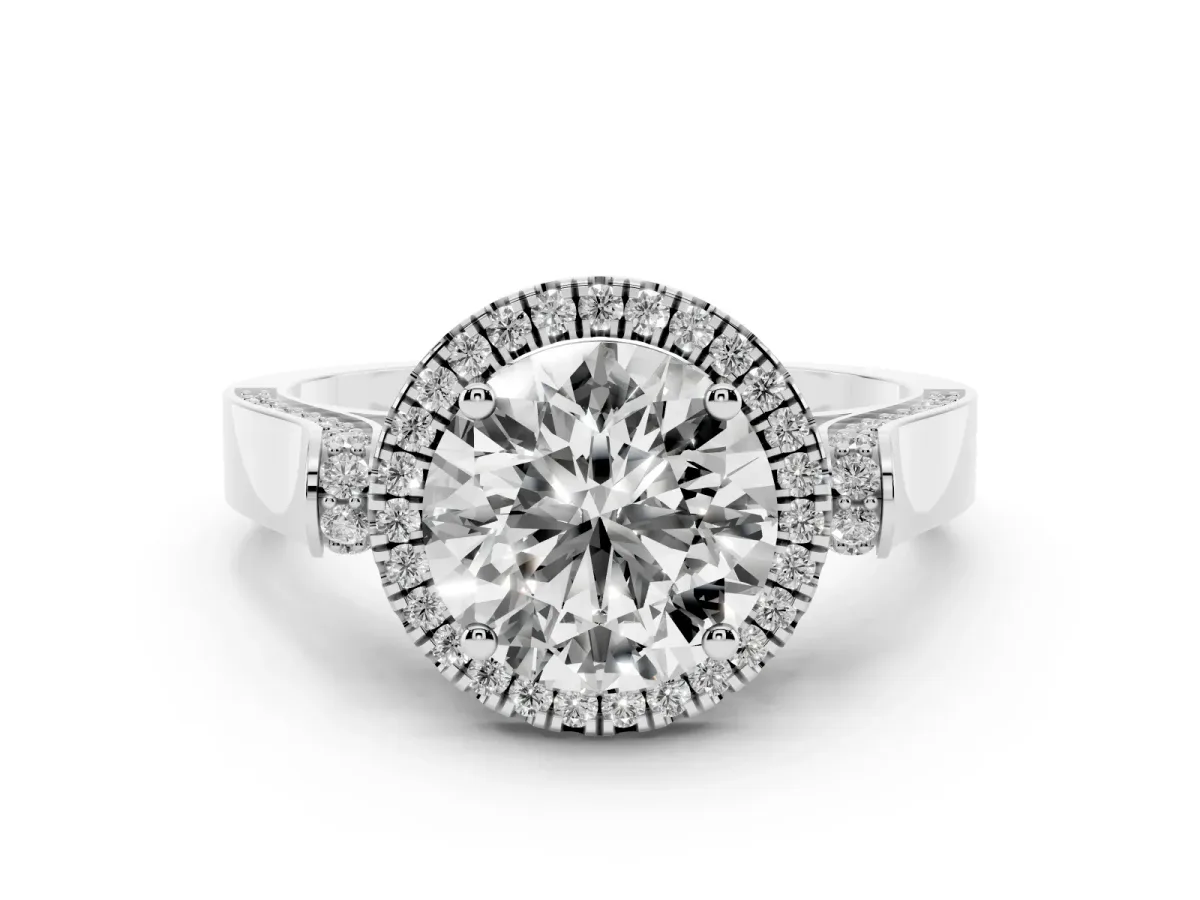 Round Cut Diamond Halo Ring Set in Platinum with Pavé-Lined Split Shank Band