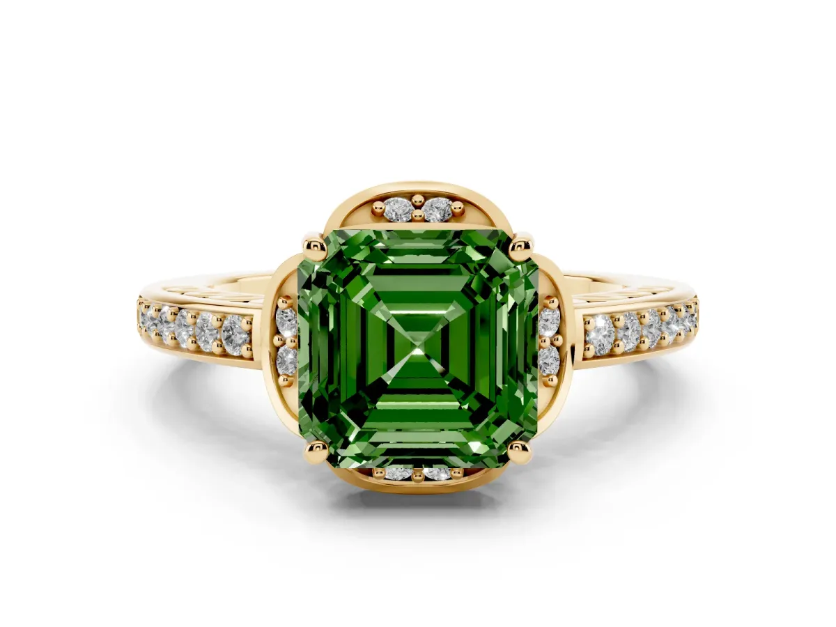 Fancy Green Asscher Cut Diamond Halo Ring Set in Yellow gold with Channel Set Band and Prong Setting