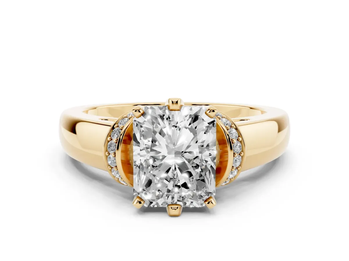 Radiant Cut Diamond Pavé Band Solitaire Ring Set in Yellow gold with Prong Setting