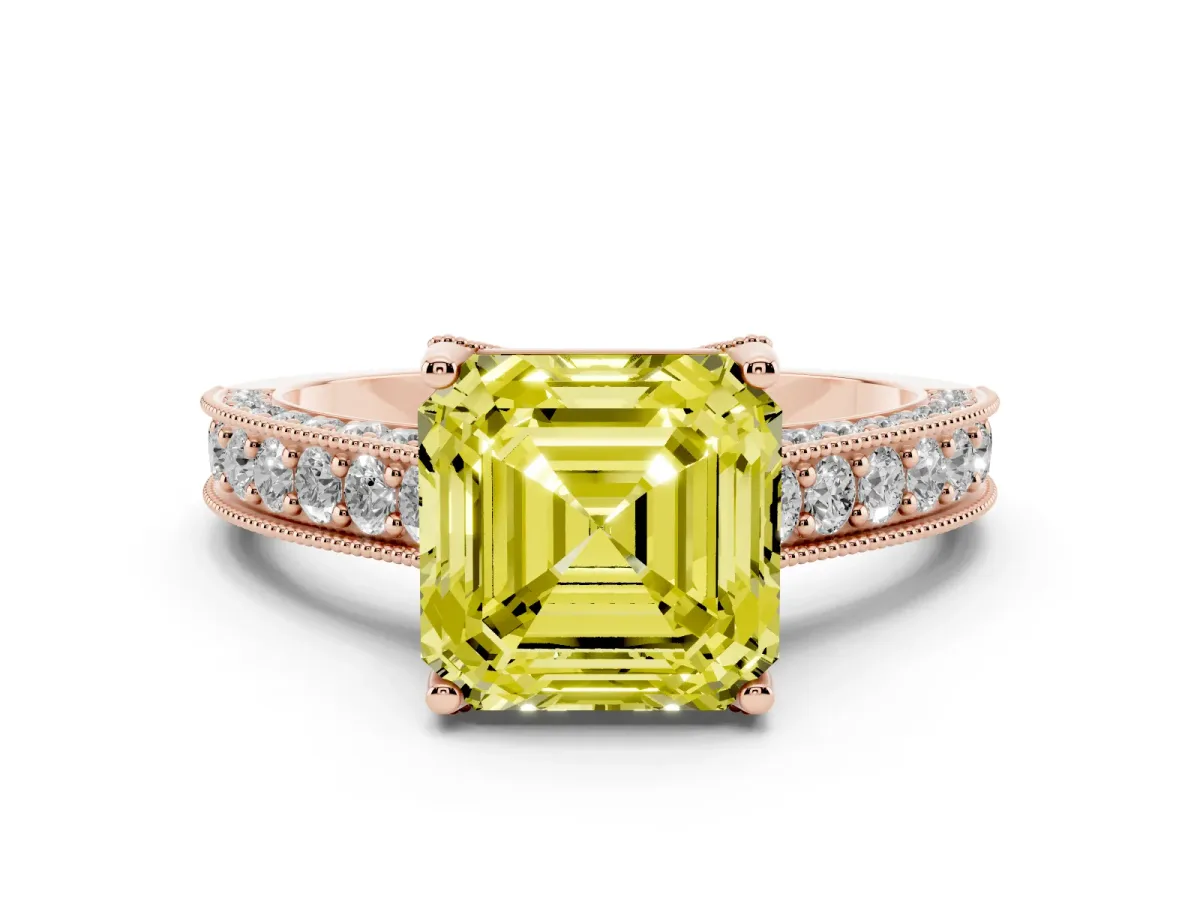 Fancy Yellow Asscher Cut Diamond Solitaire Ring Set in Rose gold with Milgrain-Edged Pavé Band and Prong Setting