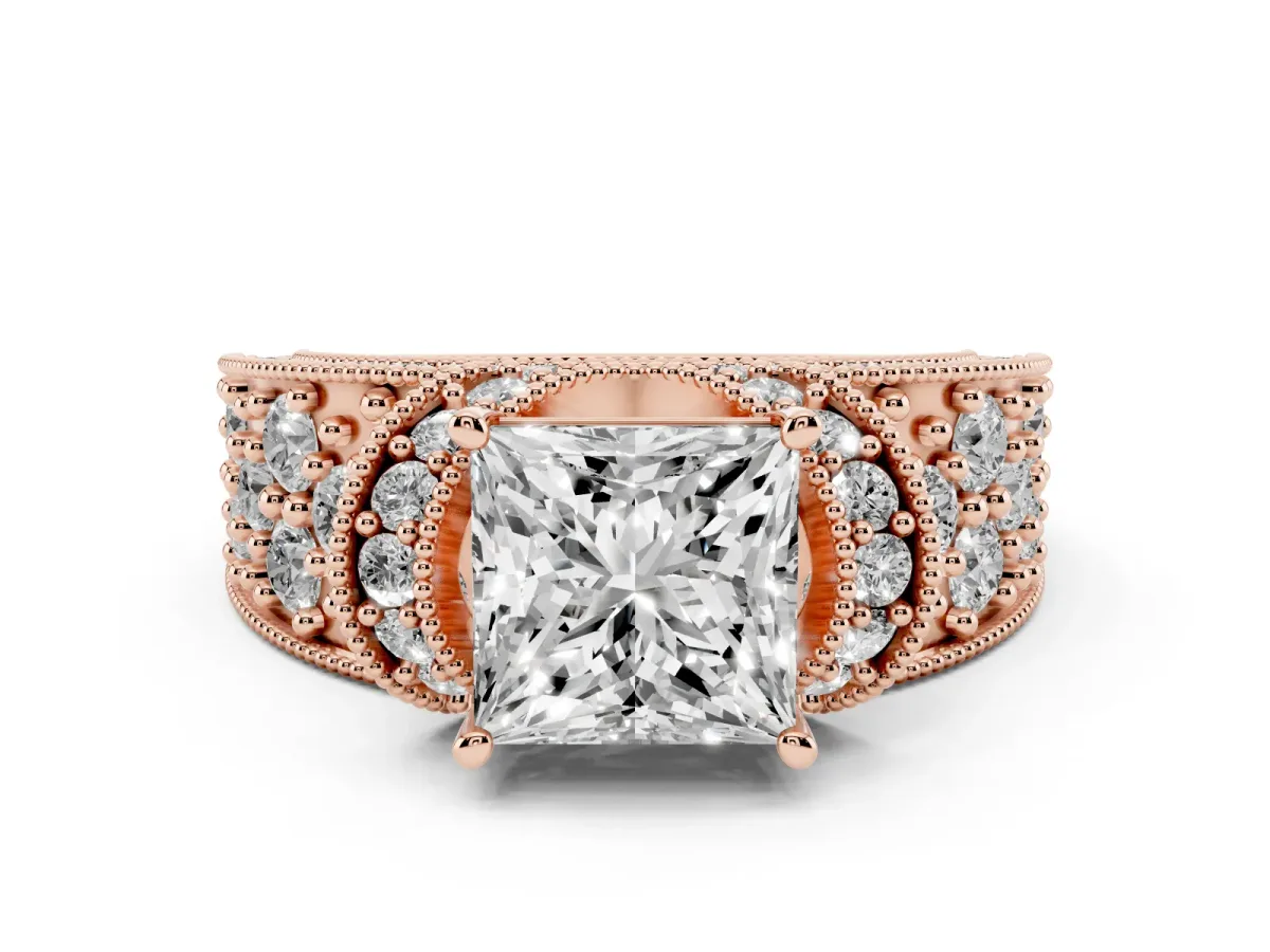 Princess Cut Diamond Milgrain Halo Pavé Engagement Ring Set in Rose gold with Prong Setting