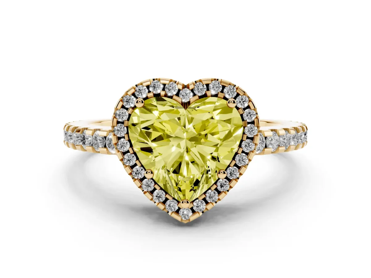 Fancy Yellow Heart Cut Diamond Halo Ring Set in Yellow gold with Pavé Shoulders and Halo-Framed Center