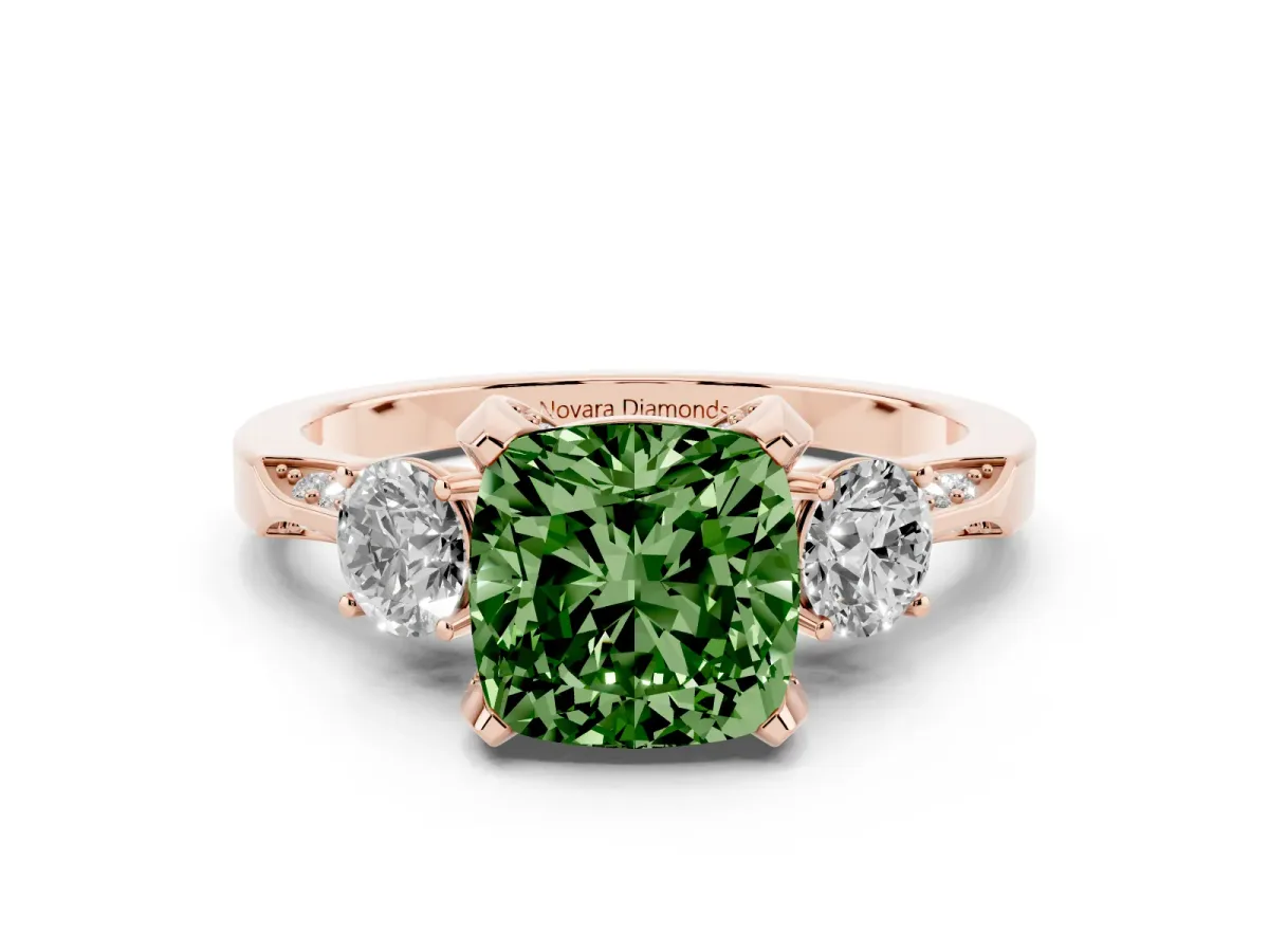 Fancy Green Cushion Cut Diamond Three-Stone Ring Set in Rose gold with Pavé Band and Smaller Side Stones