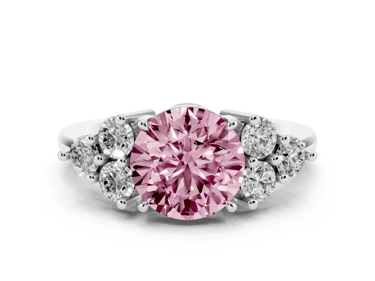 Fancy Pink Round Cut Diamond Solitaire Ring Set in Platinum with Cluster Accents on Each Side