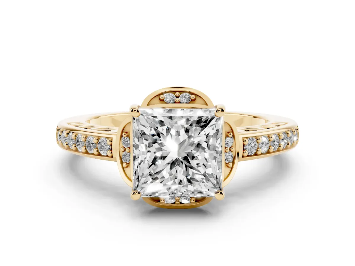 Princess Cut Diamond Halo Ring Set in Yellow gold with Channel Set Band and Prong Setting