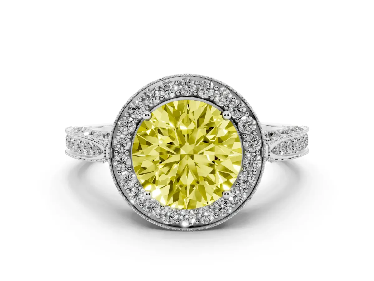 Fancy Yellow Round Cut Diamond Halo Engagement Ring Set in Silver with Accent Split Shank Band