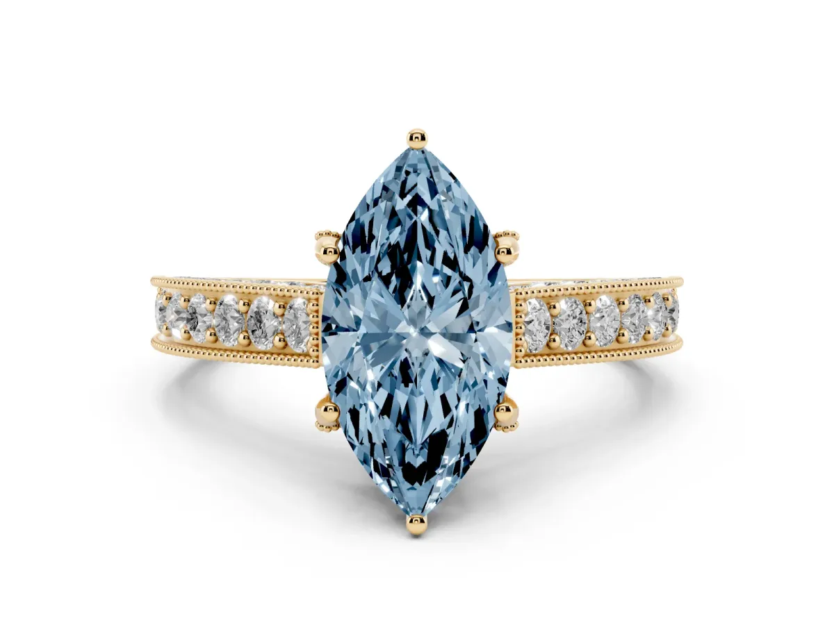 Fancy Blue Marquise Cut Diamond Solitaire Ring Set in Yellow gold with Milgrain-Edged Pavé Band and Prong Setting
