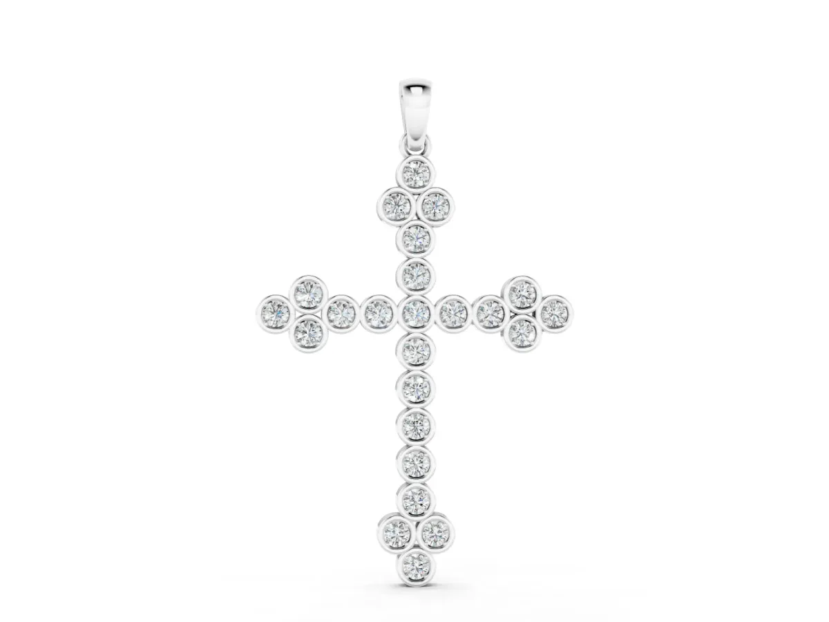 Round Diamond Cross Pendant Set in Silver with Bezel-Set Stones