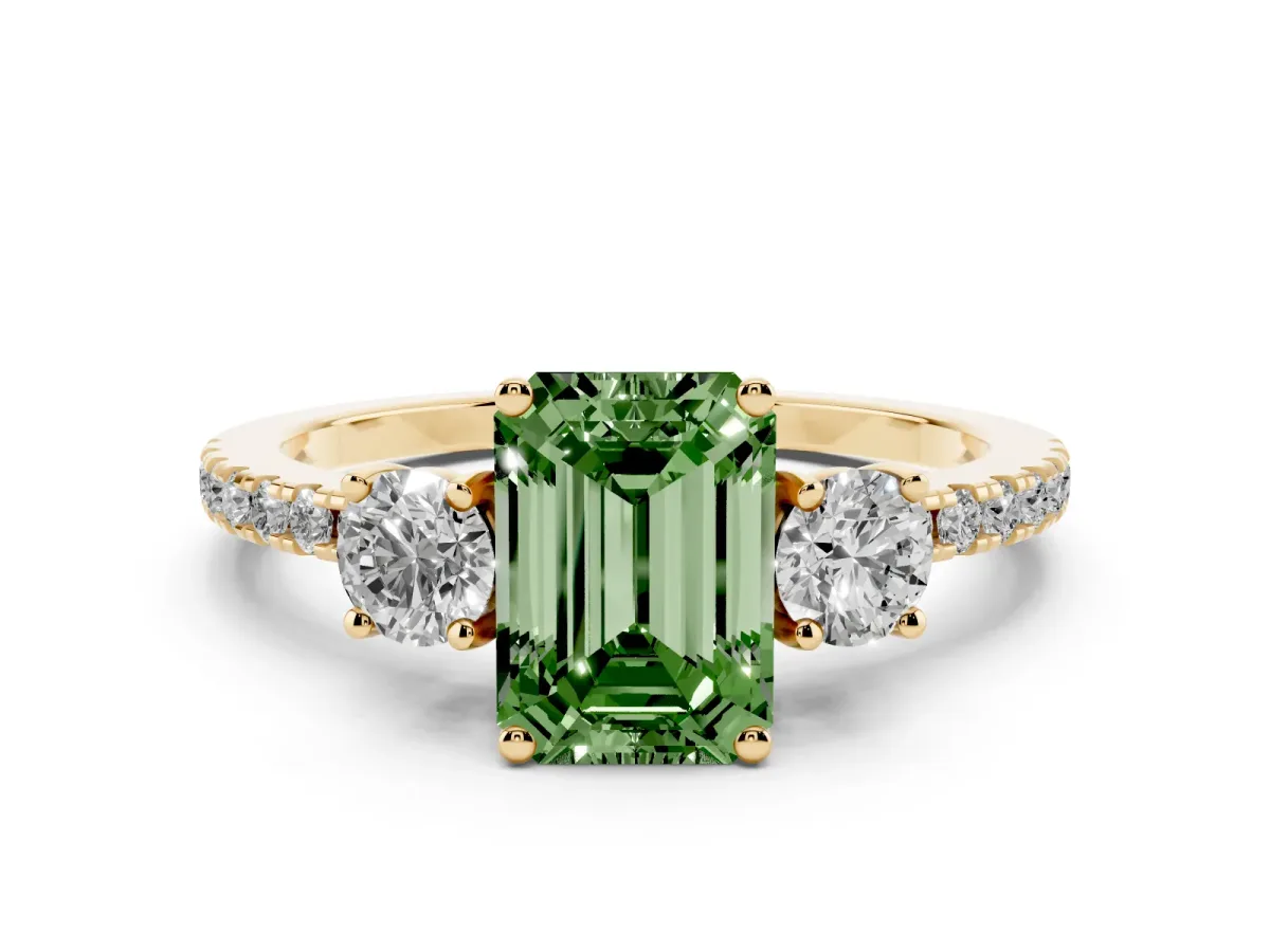 Fancy Green Emerald Cut Diamond Three-Stone Ring Set in Yellow gold with Pavé Band and Graduated Sides