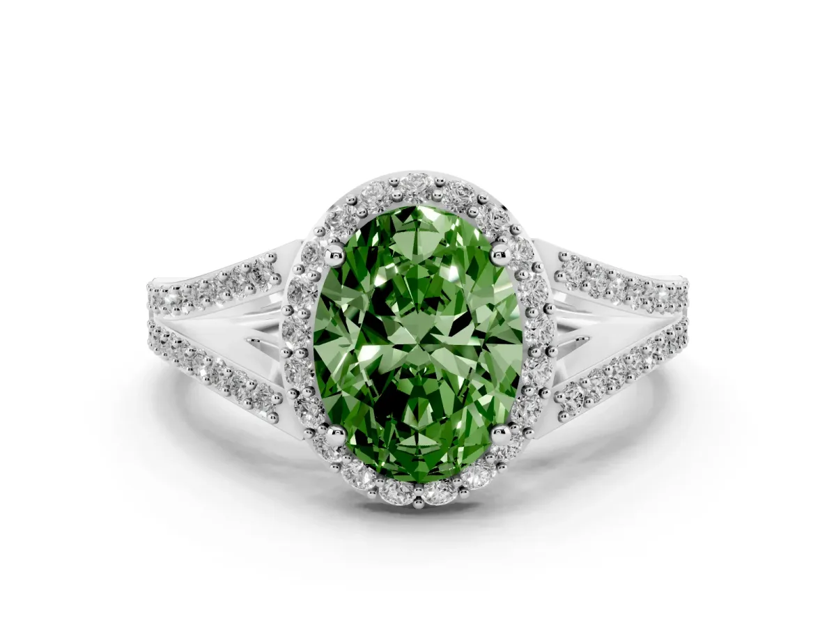 Fancy Green Oval Cut Diamond Halo Split Shank Pavé Ring Set in Silver with Prong Setting