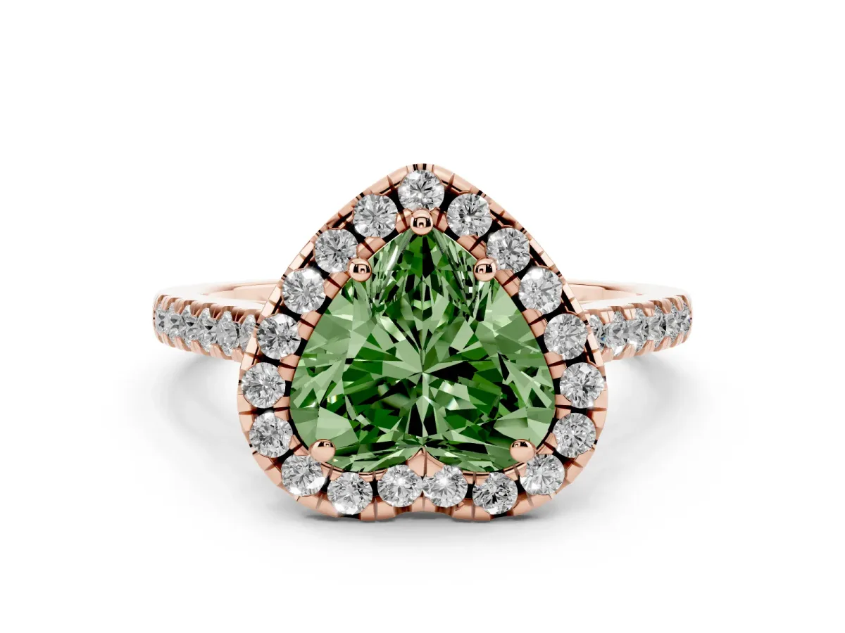 Fancy Green Heart Cut Diamond Pavé Halo Engagement Ring Set in Rose gold with Pavé Band and Prong Setting