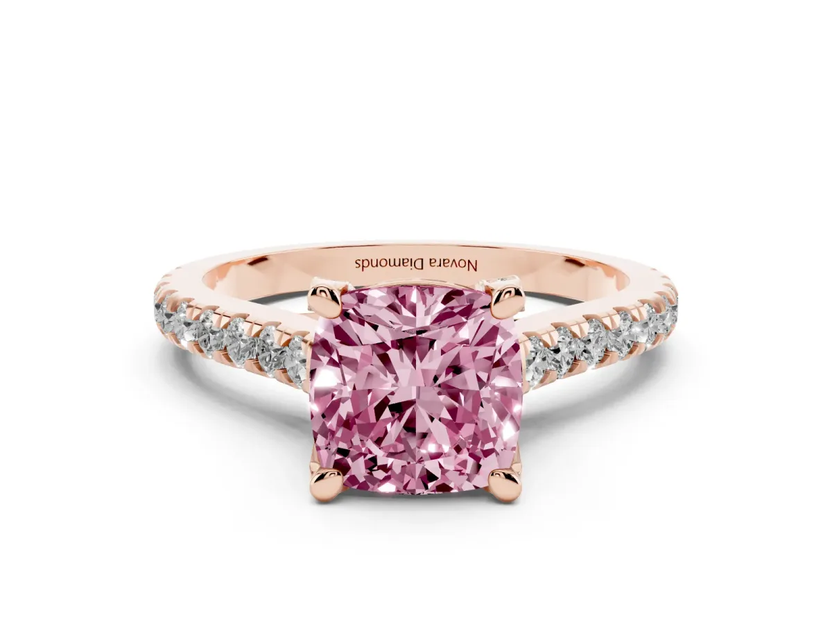 Fancy Pink Cushion Cut Diamond Solitaire Ring Set in Rose gold with Brilliant Pavé Band and Prong Setting