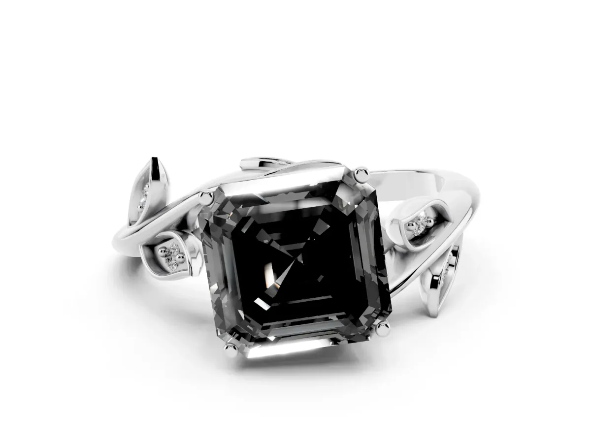 Fancy Black Asscher Cut Diamond Solitaire Twist Engagement Ring Set in Silver with Pavé Leaf Accents
