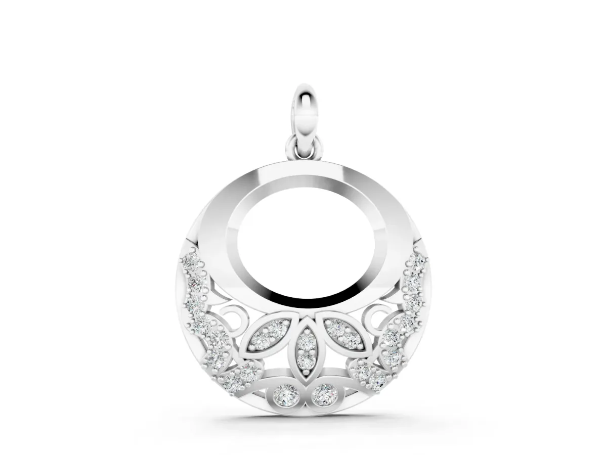 Round Diamond Leaf Filigree Pendant Set in White gold with Pavé Setting