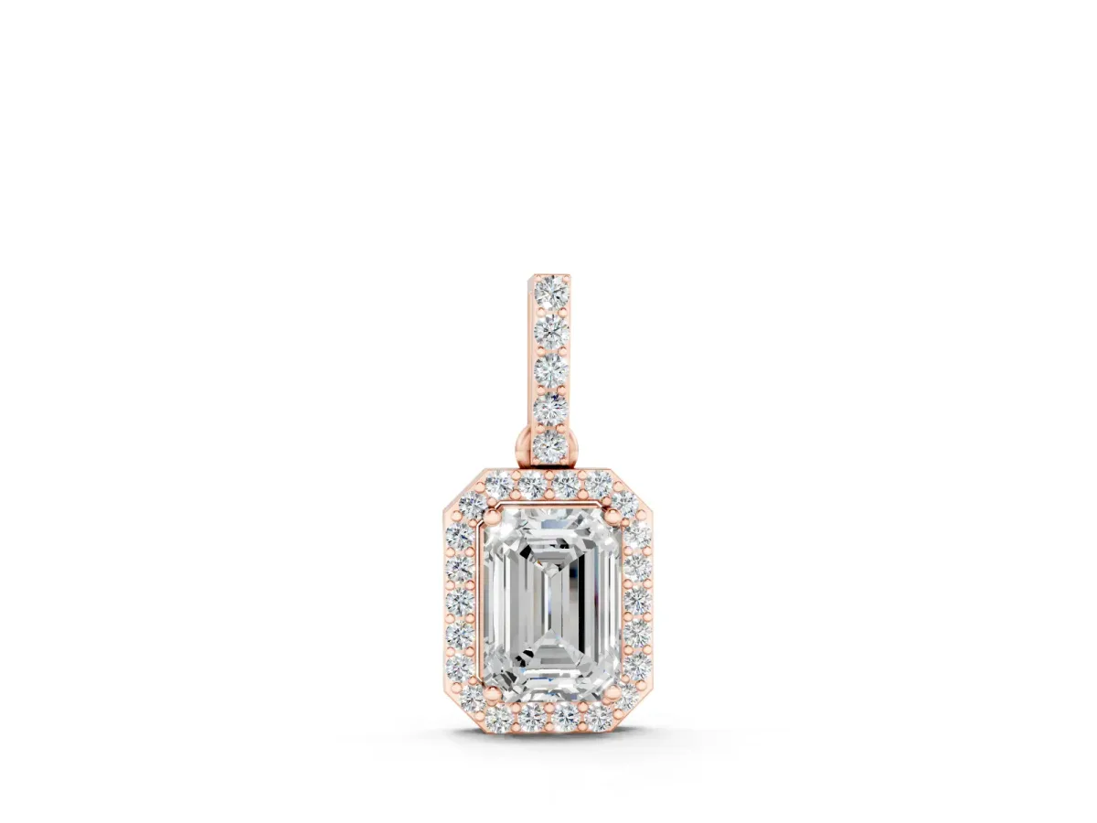 Emerald Cut Diamond Halo Pendant Set in Rose gold with Prong-Set Center