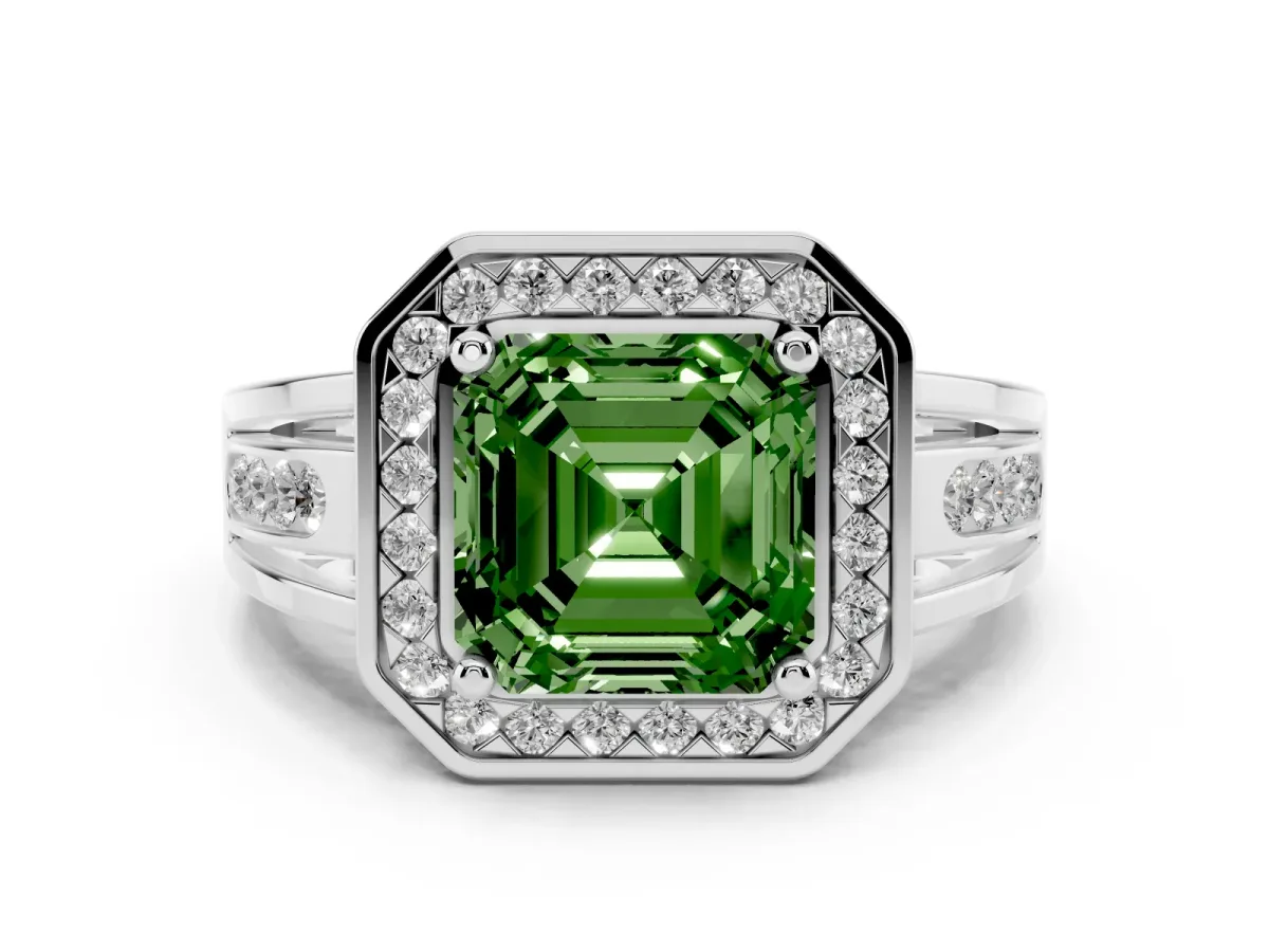 Fancy Green Asscher Cut Diamond Halo Ring Set in Silver with Pavé and Bezel Accent Split Shank