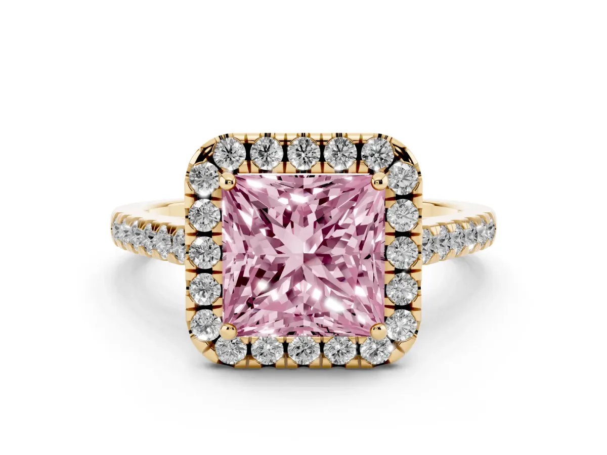 Fancy Pink Princess Cut Diamond Halo Pavé Engagement Ring Set in Yellow gold with Prong Setting