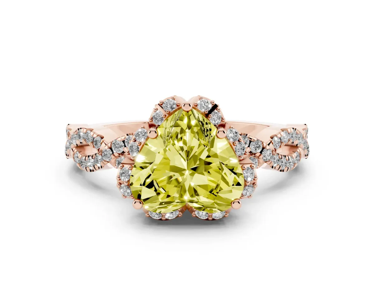 Fancy Yellow Heart Cut Diamond Halo Twist Band Solitaire Ring Set in Rose gold with Prong-Set Center Stone