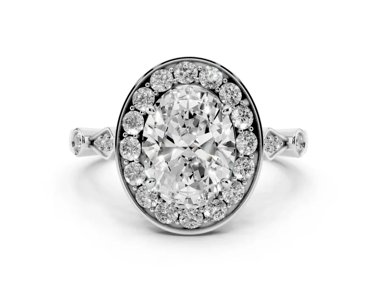 Oval Cut Diamond Halo Engagement Ring Set in Silver with Twisted Band and Prong Setting