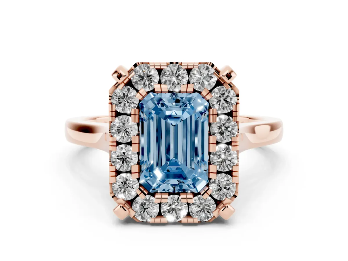 Fancy Blue Emerald Cut Diamond Cluster Halo Solitaire Ring Set in Rose gold with Prong Setting