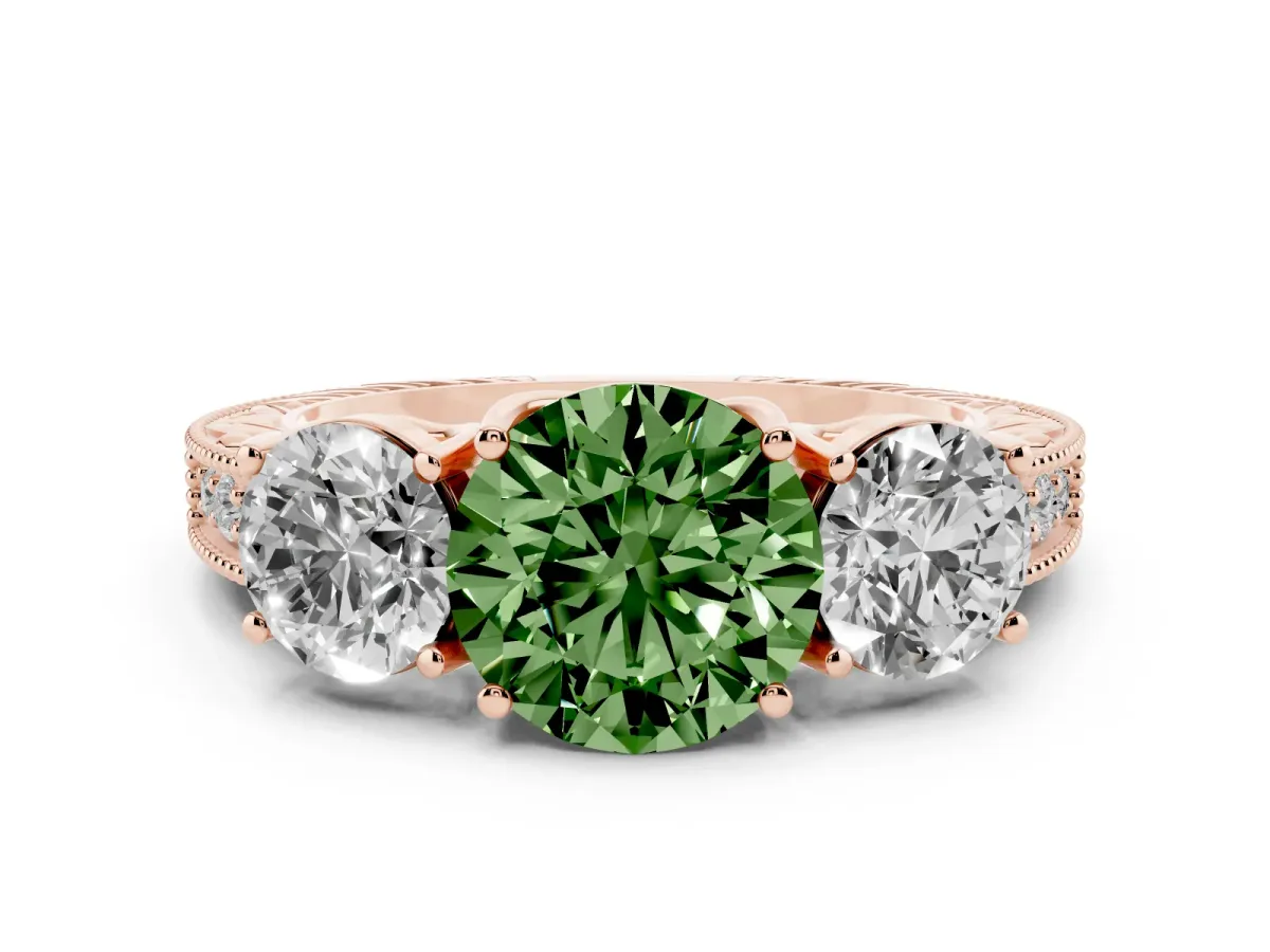 Fancy Green Round Cut Diamond Three-Stone Engagement Ring Set in Rose gold with Milgrain Pavé Band