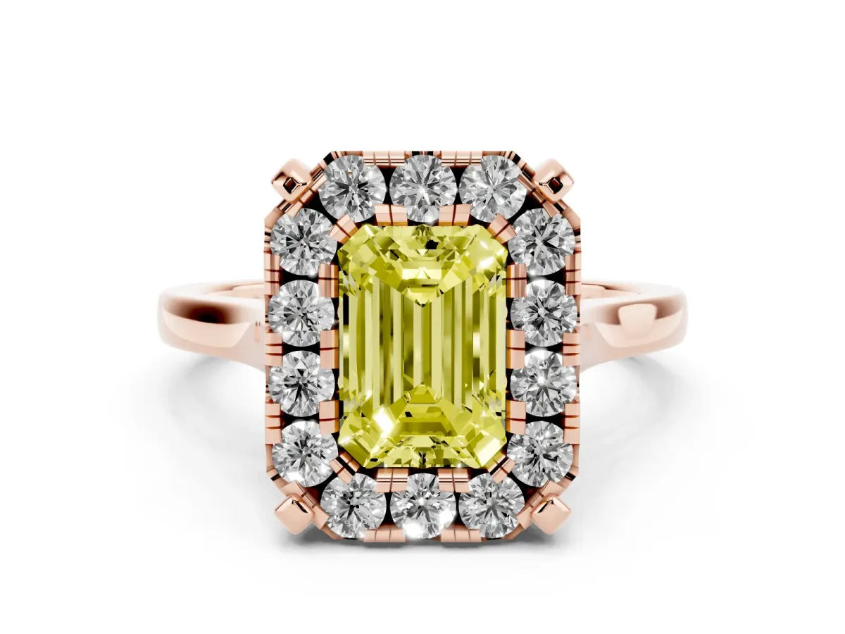 Fancy Yellow Emerald Cut Diamond Cluster Halo Solitaire Ring Set in Rose gold with Prong Setting