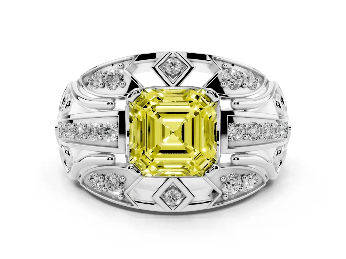 Fancy Yellow Asscher Cut Diamond Art Deco Ring Set in Platinum with Pavé Split Shank