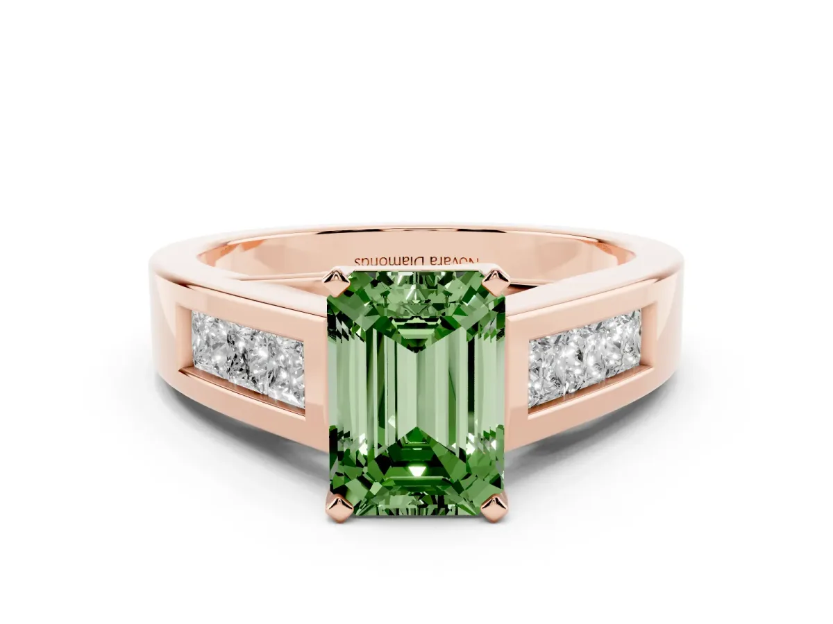 Fancy Green Emerald Cut Diamond Solitaire Ring Set in Rose gold with Channel-Set Accent Stones and Prong Setting
