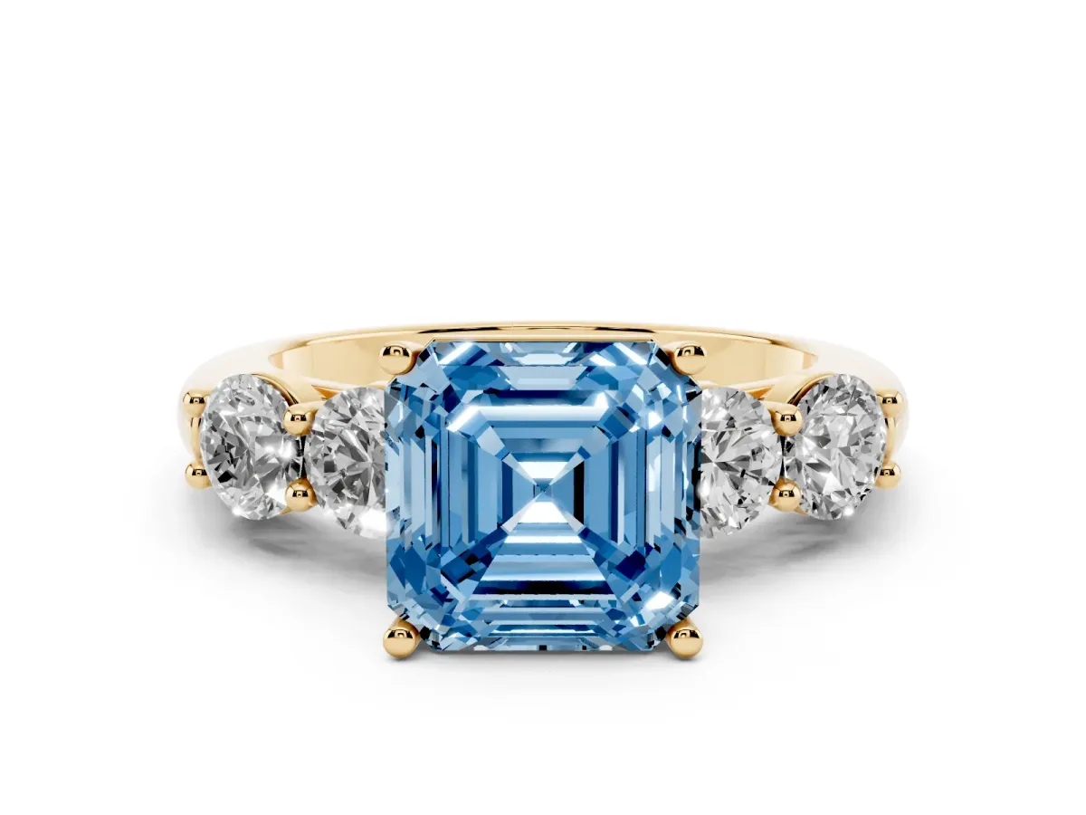 Fancy Blue Asscher Cut Diamond Five-Stone Prong Set Ring Set in Yellow gold with Classic Band