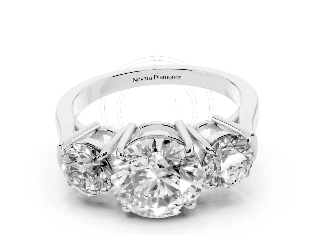 Round Cut Diamond Three-Stone Ring Set in Platinum with Round Accent Stones and Plain Band