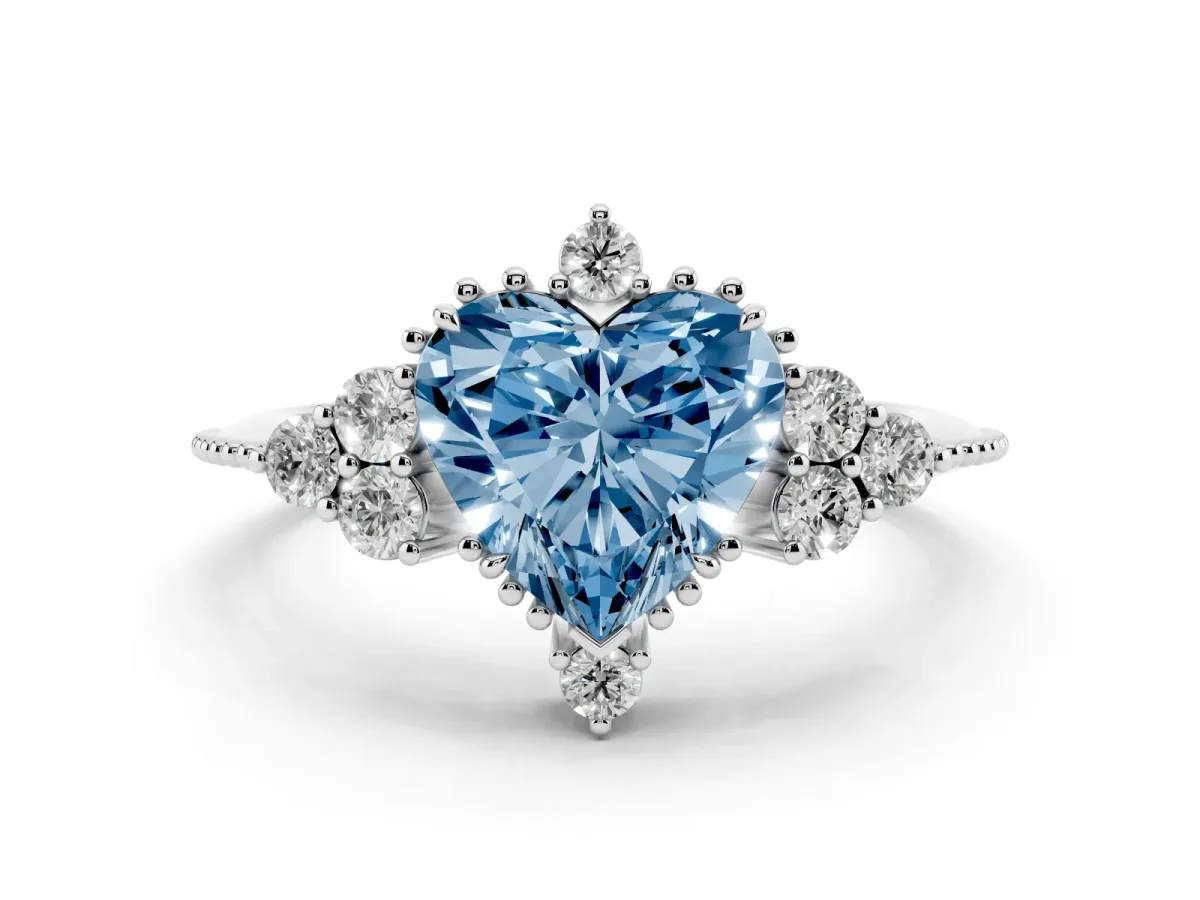 Fancy Blue Heart Cut Diamond Cluster Ring Set in Silver with Beaded Band