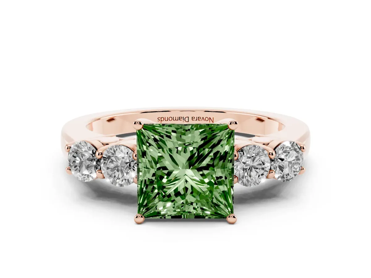 Fancy Green Princess Cut Diamond Five-Stone Prong Set Band Ring Set in Rose gold with Polished Band