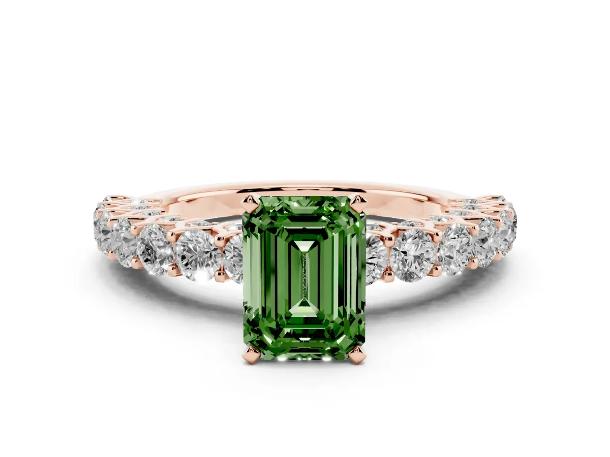 Fancy Green Emerald Cut Diamond Solitaire Ring Set in Rose gold with Shared Prong Pavé Band