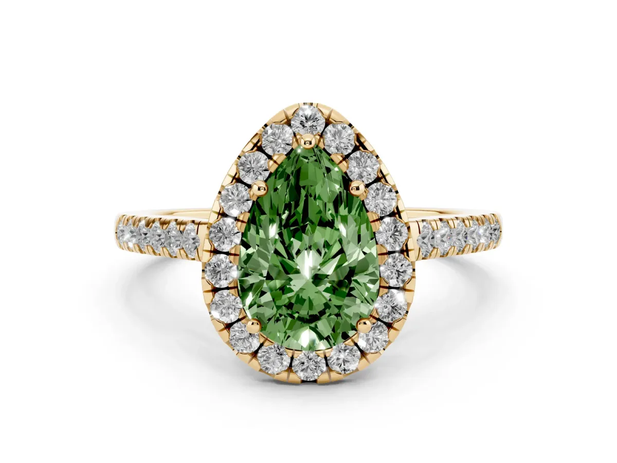 Fancy Green Pear Cut Diamond Halo Pavé Engagement Ring Set in Yellow gold with Prong Setting