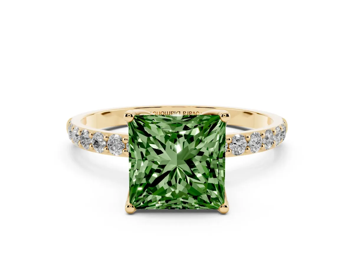 Fancy Green Princess Cut Diamond Solitaire Engagement Ring Set in Yellow gold with Round Pavé Band and Prong Setting