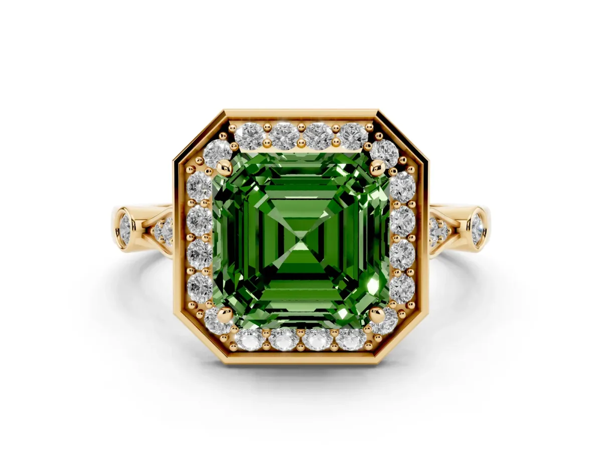Fancy Green Asscher Cut Diamond Halo Engagement Ring Set in Yellow gold with Twisted Band and Prong Setting