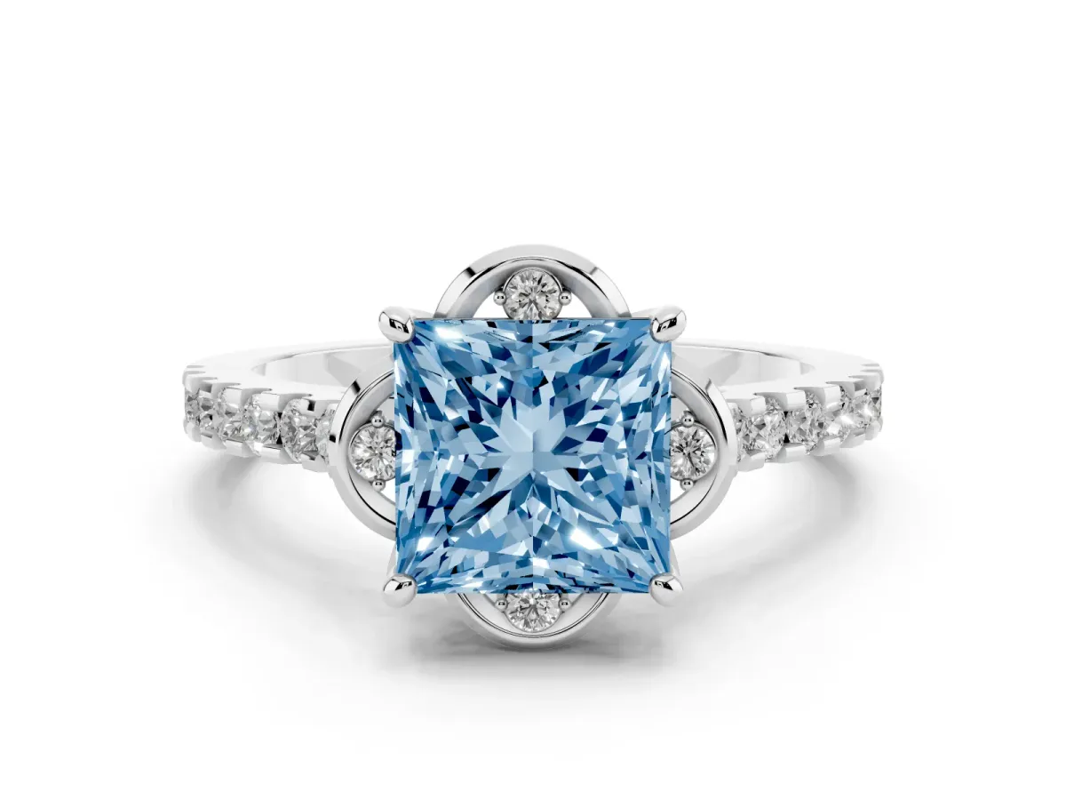 Fancy Blue Princess Cut Diamond Solitaire Ring Set in Platinum with Pavé Band and Floral Prong Setting