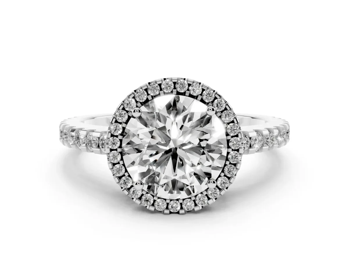 Round Cut Diamond Halo Ring Set in Silver with Pavé Shoulders and Halo-Framed Center
