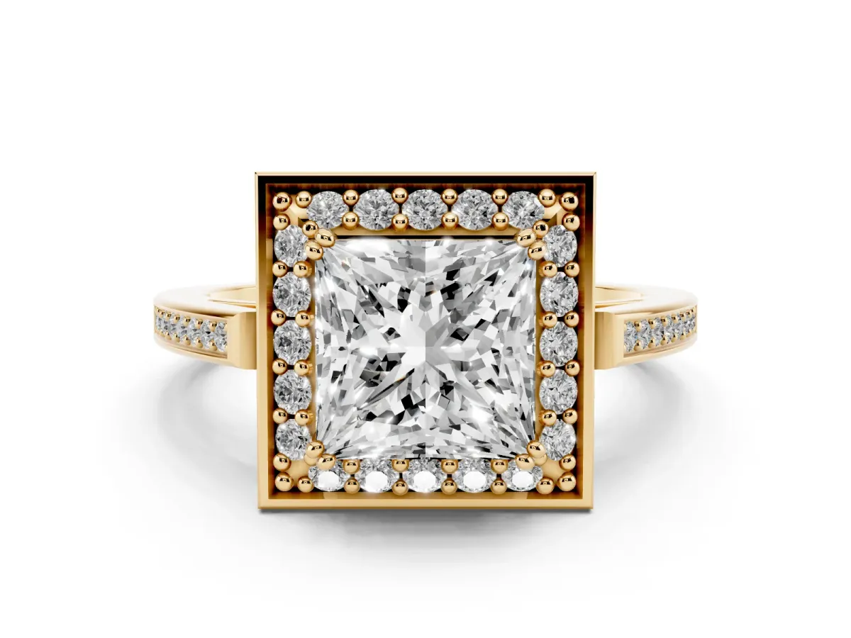 Princess Cut Diamond Halo Ring Set in Yellow gold with Accent-Lined Split Shank and Prong Setting