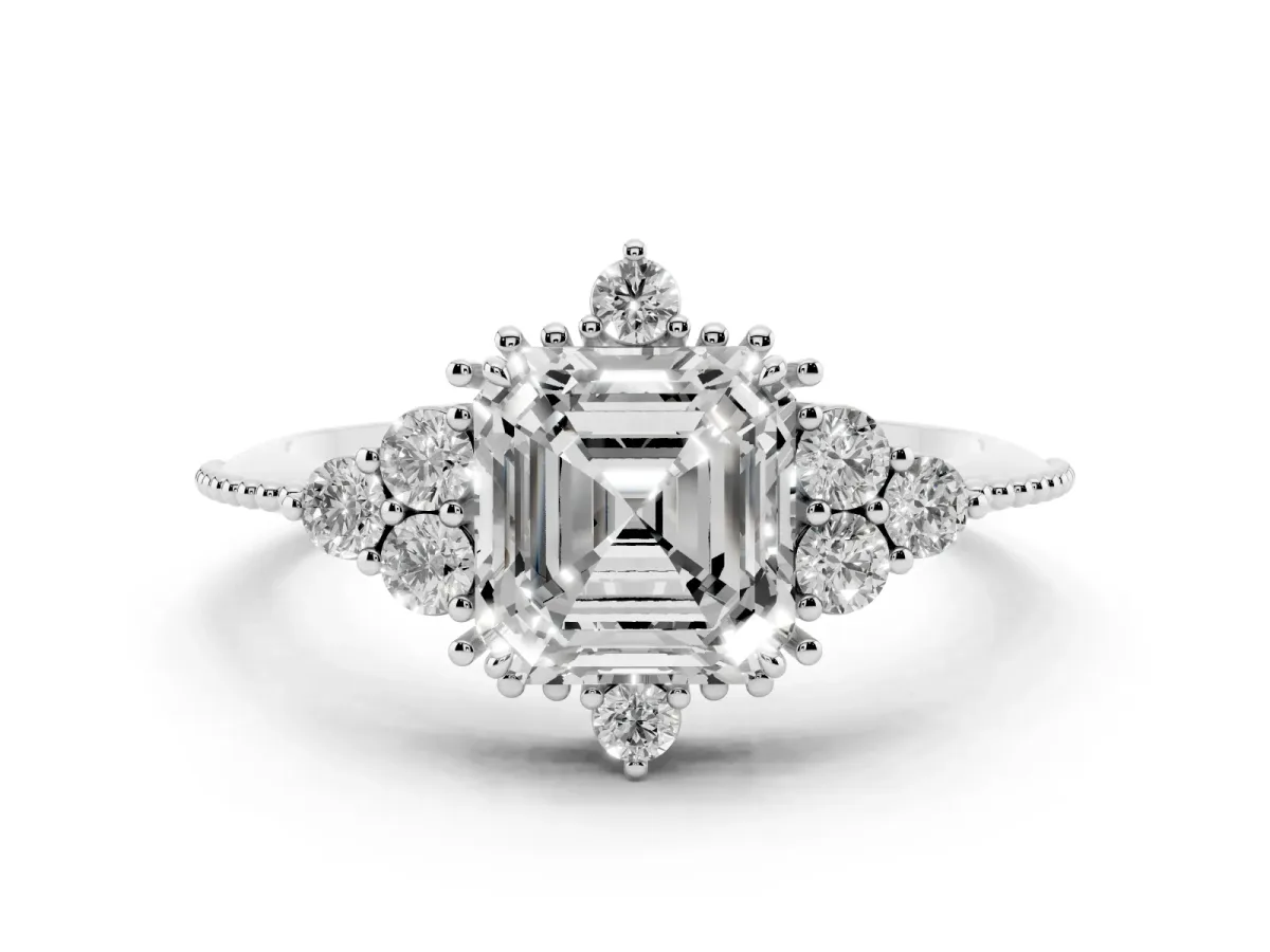 Asscher Cut Diamond Cluster Ring Set in Platinum with Beaded Band
