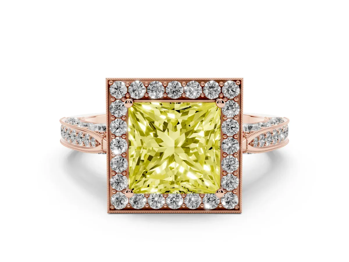Fancy Yellow Princess Cut Diamond Halo Engagement Ring Set in Rose gold with Accent Split Shank Band