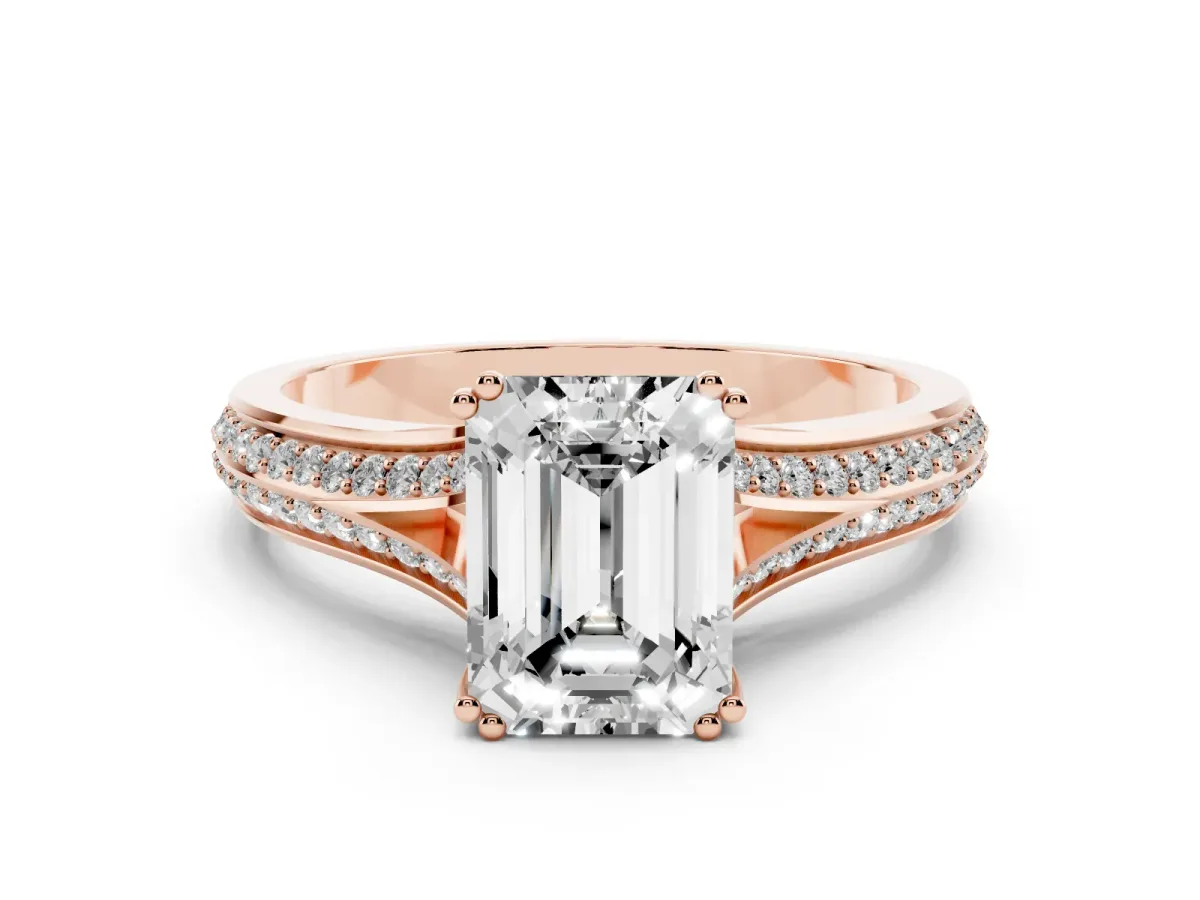Emerald Cut Diamond Split Shank Pavé Engagement Ring Set in Rose gold with Prong-Set Center Stone