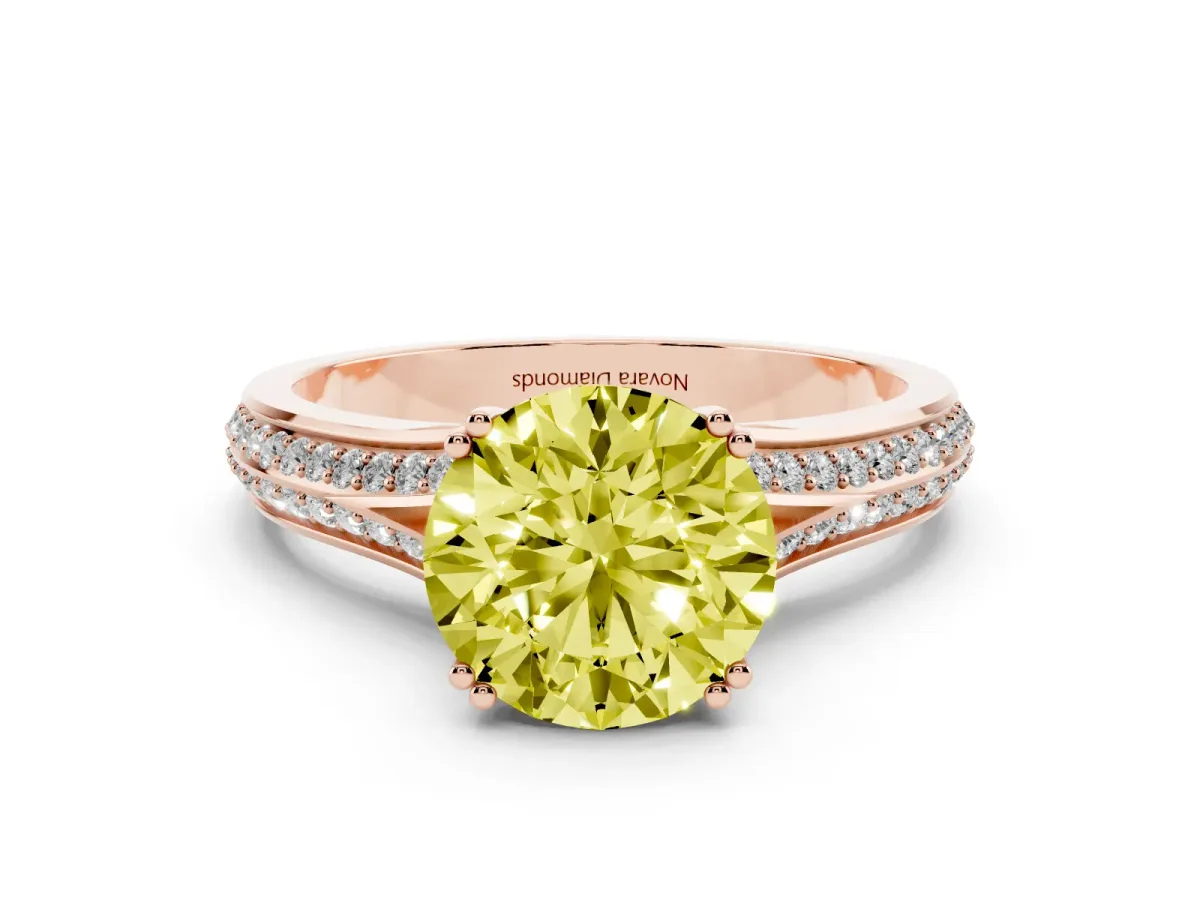 Fancy Yellow Round Cut Diamond Split Shank Pavé Engagement Ring Set in Rose gold with Prong-Set Center Stone