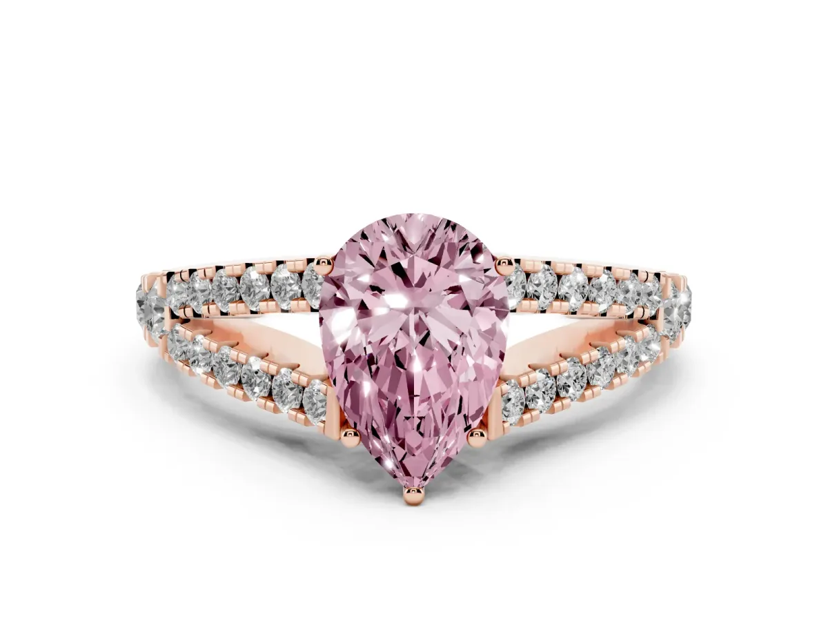 Fancy Pink Pear Cut Diamond Split Shank Pavé Engagement Ring Set in Rose gold with Prong-Held Center Stone