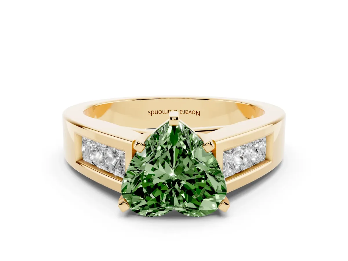Fancy Green Heart Cut Diamond Solitaire Ring Set in Yellow gold with Channel-Set Accent Stones and Prong Setting