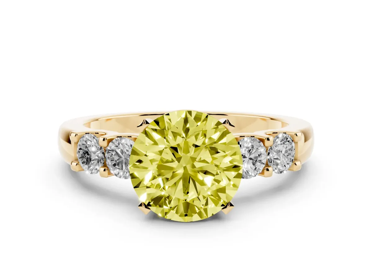 Fancy Yellow Round Cut Diamond Five-Stone Prong Set Engagement Ring Set in Yellow gold with Channel Band