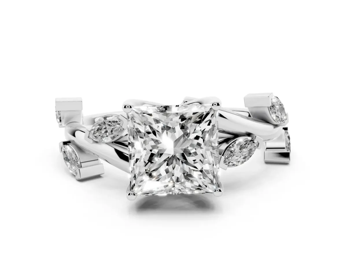 Princess Cut Diamond Solitaire Ring Set in Platinum with Twisted Marquise Accent Band