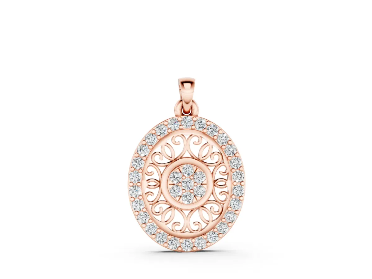 Round Halo Filigree Pendant Set in Rose gold with Pavé Halo
