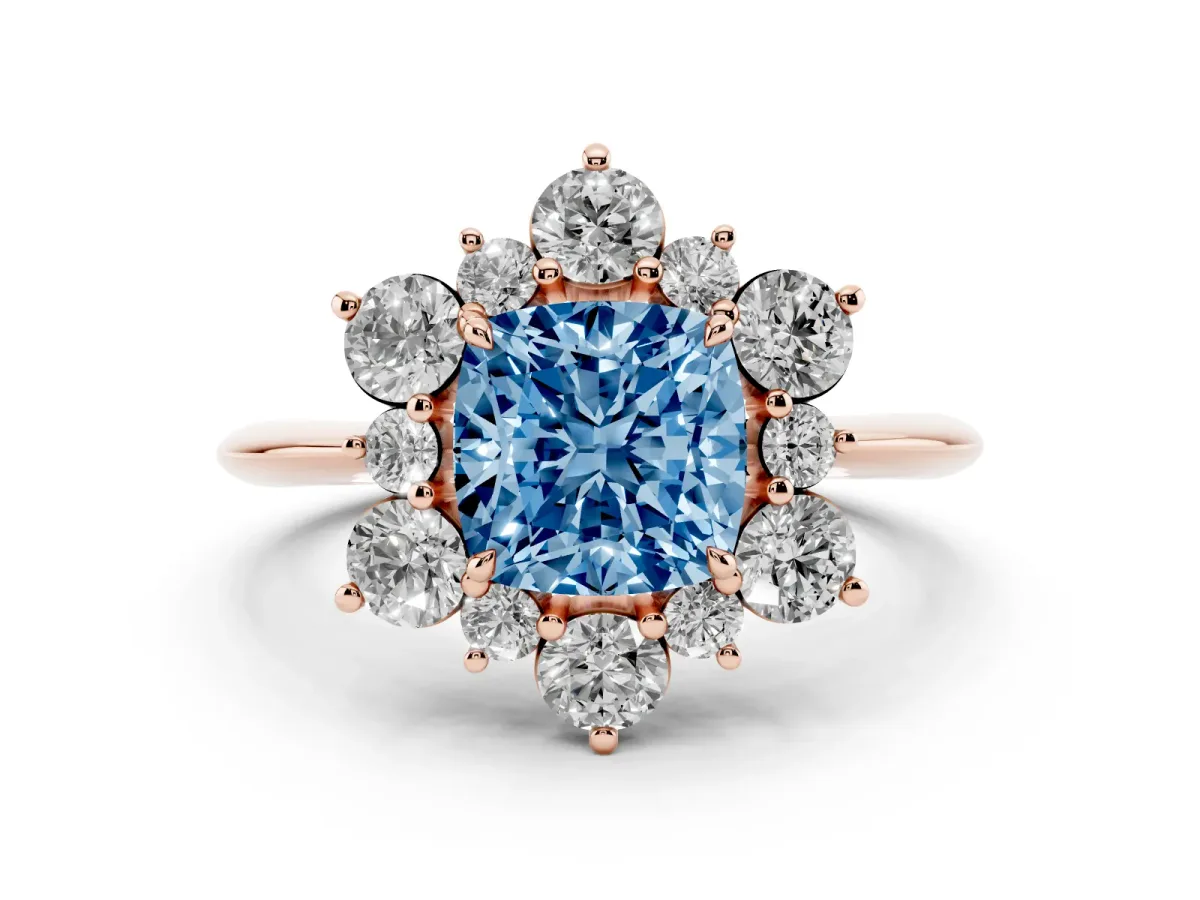 Fancy Blue Cushion Cut Diamond Cluster Halo Ring Set in Rose gold with Solitaire Band and Prong Setting