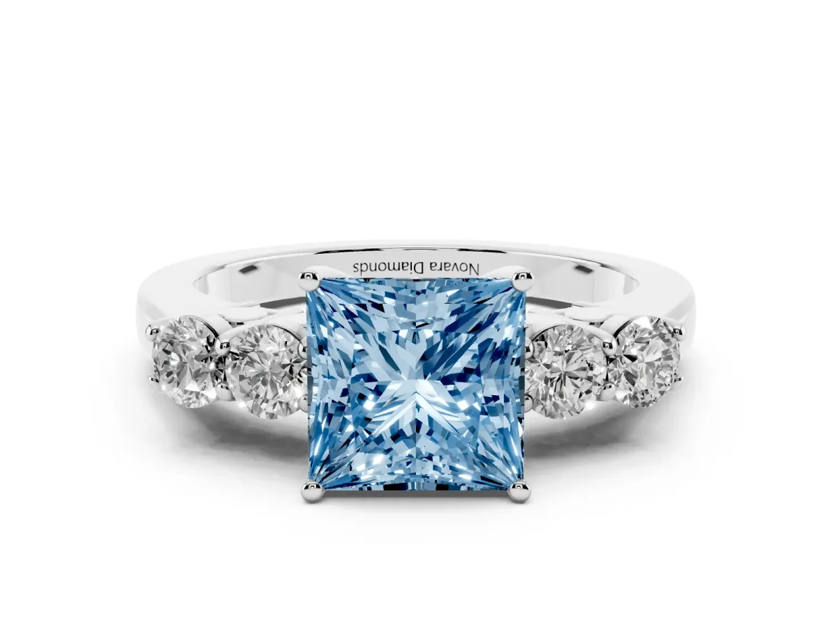 Fancy Blue Princess Cut Diamond Five-Stone Prong Set Band Ring Set in Silver with Polished Band